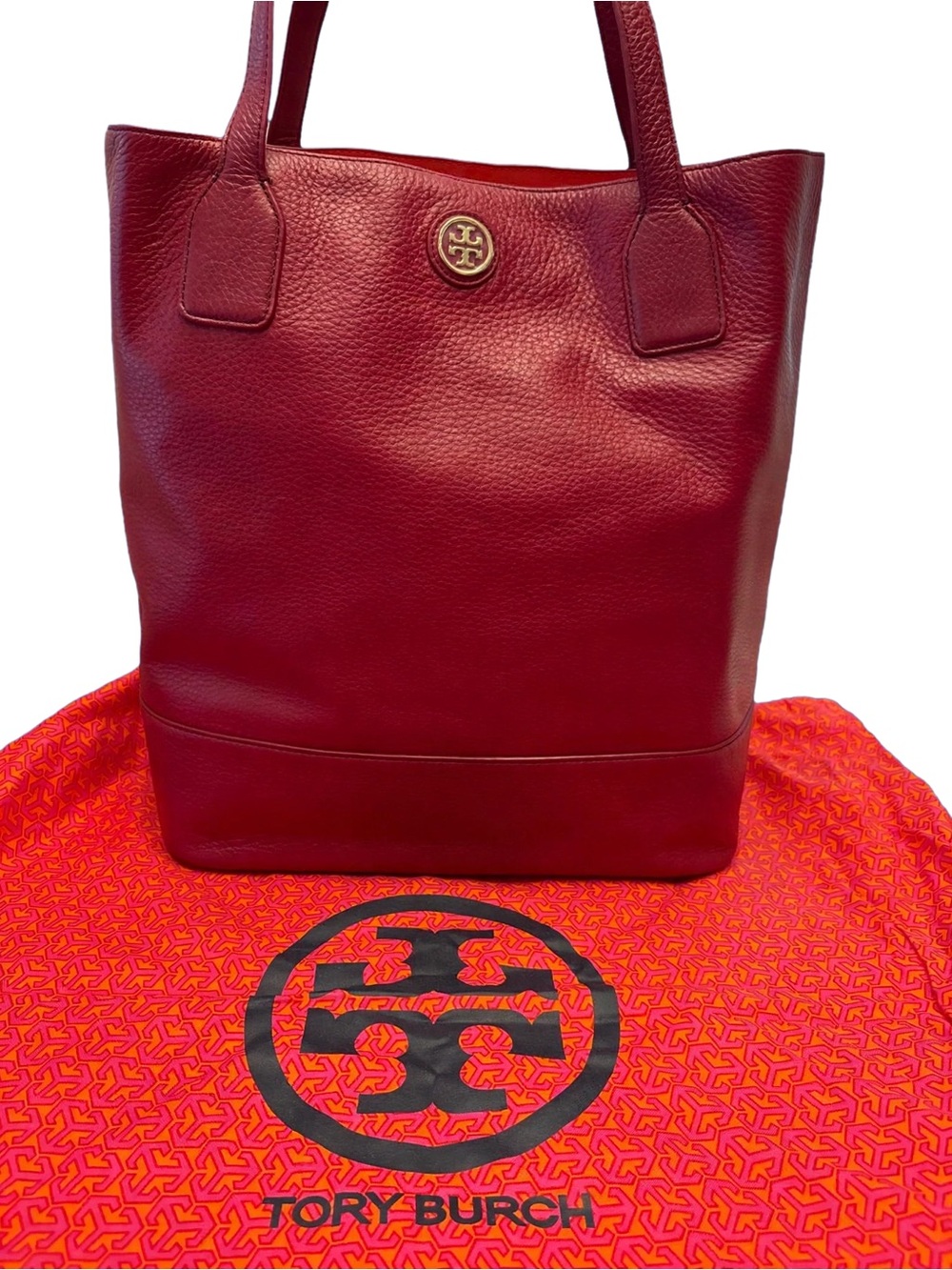 Tory Burch McGraw Imperial Garnet Red Tote Pebbled Leather Gold Logo + Dust Bag